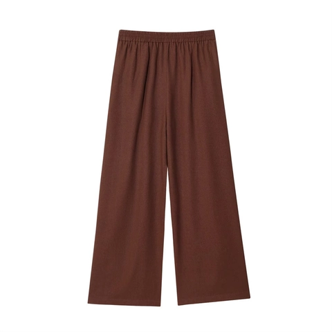 Pantaloni Donna Casual in Misto Cotone e Lino a Gamba Larga Vita Elastica Larghi Dritti Trousers Con Tasche Tinta Unita