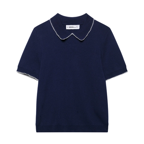 Top de Punto de Manga Corta con Borde Festoneado Cuello de Solapa Casual Rayado Color Sólido Cárdigan de Punto Mujer