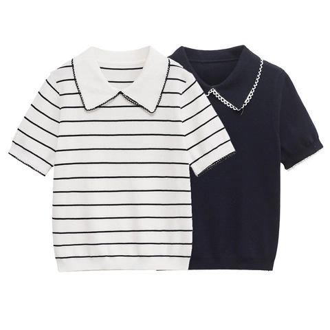 Top de Punto de Manga Corta con Borde Festoneado Cuello de Solapa Casual Rayado Color Sólido Cárdigan de Punto Mujer