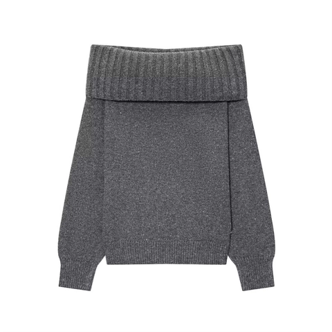 Women's Elegant Off-Shoulder Knitted Sweater Loose Solid Color Boat Neck Pullover French Style Long Sleeve Knit Top