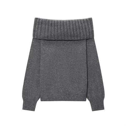 Women's Elegant Off-Shoulder Knitted Sweater Loose Solid Color Boat Neck Pullover French Style Long Sleeve Knit Top