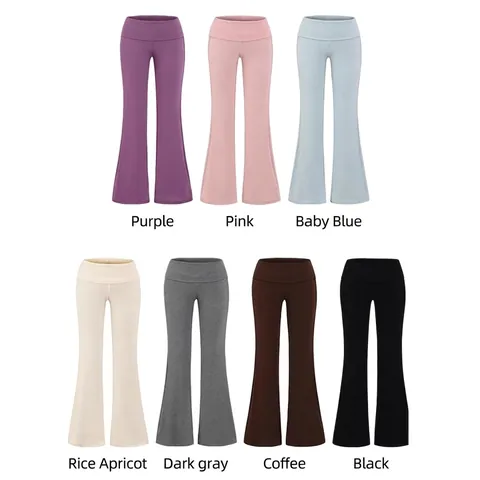 Women Casual Knitted Tank Top And Flare Pants Set With Chest Pads Solid Color Racerback Fold-over Low Waist Loungewear