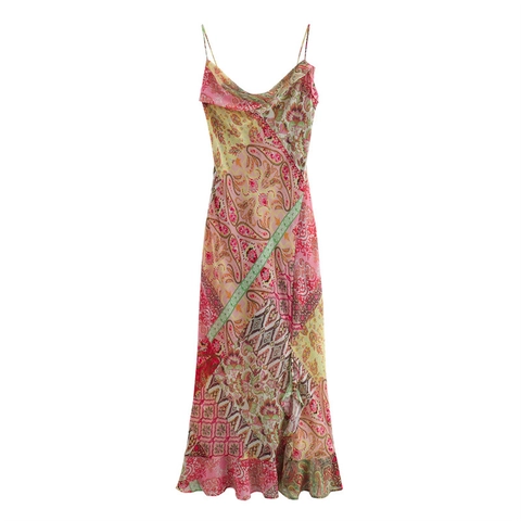 Damen Wasserfall Ausschnitt Spaghettiträger Paisley Patchwork Midi Kleid Rückenfrei Schnürung Bohemian Chiffon Rüschen Sommer Urlaub Kleid