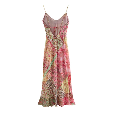 Damen Wasserfall Ausschnitt Spaghettiträger Paisley Patchwork Midi Kleid Rückenfrei Schnürung Bohemian Chiffon Rüschen Sommer Urlaub Kleid