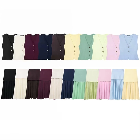 Conjunto de Chaleco y Falda Elegante para Mujer Top And Bottom Chaleco de Punto con Botones Cuello en V Falda Midi