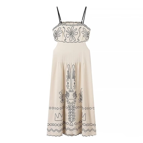 Damen Bestickt Spaghettiträger Midikleid Wellenkante Off-White Baumwolle Leinen Optik Böhmisch Sommerurlaub Langes Kleid