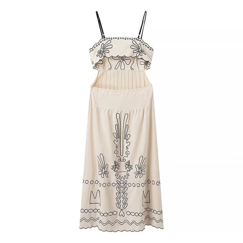 Damen Bestickt Spaghettiträger Midikleid Wellenkante Off-White Baumwolle Leinen Optik Böhmisch Sommerurlaub Langes Kleid