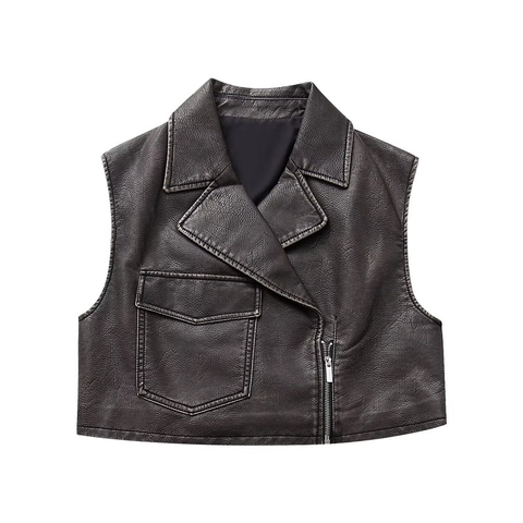 Damen Vintage Motorrad Kunstleder Weste Casual Asymmetrischer Reißverschluss Kurz Geschnitten Weste PU Leder Ärmelloses Top Jacke