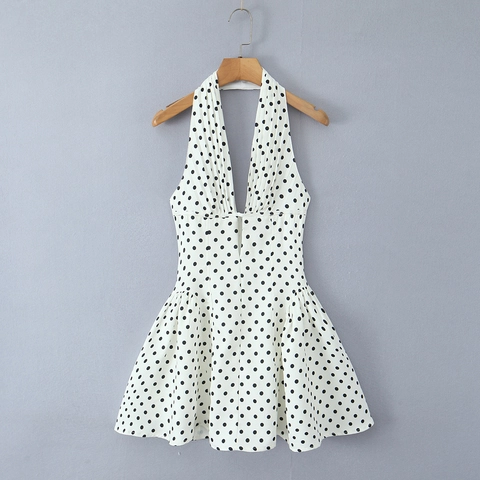 French Style Halter Neck Backless Bodycon Mini Dress For Women Sexy Pleated Slim Fit Polka Dot Solid Short Dress Summer