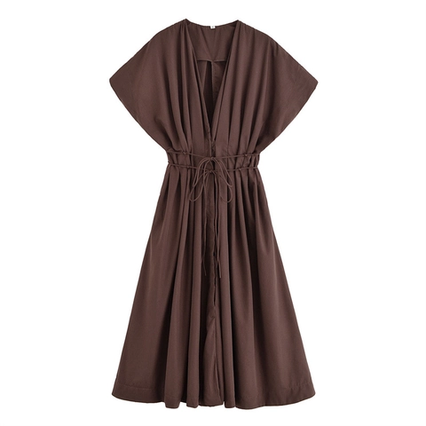 Damen V-Ausschnitt Kurzarm Kleid Mit Kordelzug Einfarbig Netz Polyester Casual Streetwear Urlaub Strand Party Kleid