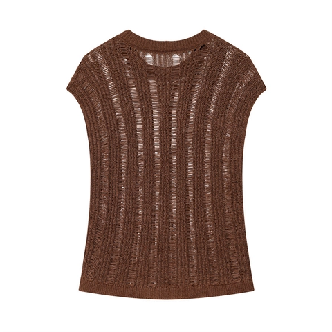 Chaleco de Punto para Mujer Café Casual Calado Desgastado Cuello Redondo Sin Mangas Top Estilo Retro Color Sólido Punto