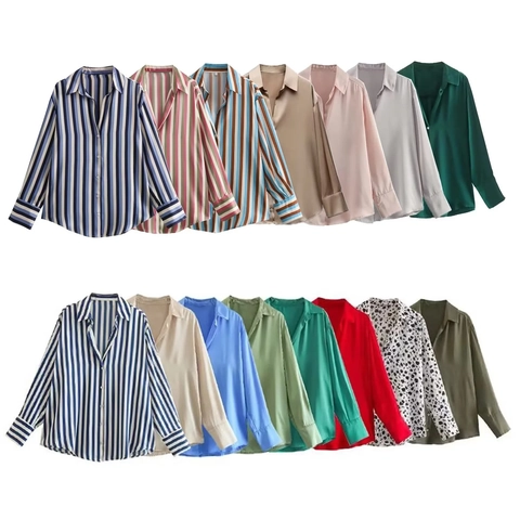 Camicia da Donna in Satin a Maniche Lunghe a Righe Elegante Camicetta in Poliestere Mercerizzato Top Casual da Ufficio