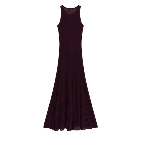 Women Sleeveless Ribbed Knit Maxi Dress Elegant Round Neck High Waist Solid Color Pleated A-Line Summer Long Dress