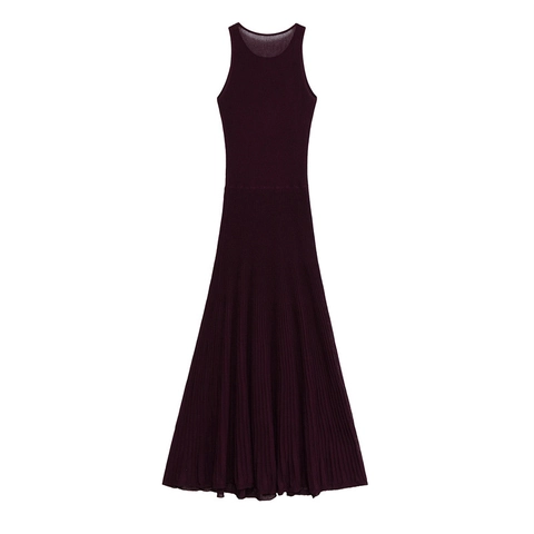 Women Sleeveless Ribbed Knit Maxi Dress Elegant Round Neck High Waist Solid Color Pleated A-Line Summer Long Dress