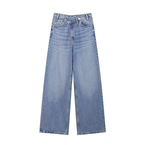 Damen Jeans Mit Asymmetrischer Taille Weitem Bein Hoher Bund Cross Over Denim Hose Lässige Streetwear Mode Lange Hose