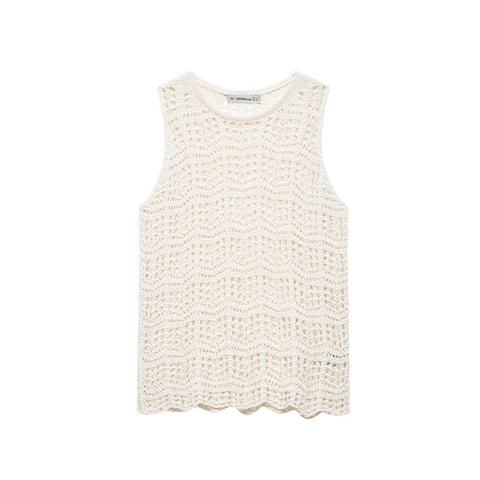 Damen Off White Häkelweste Top Böhmisch Wellenkante Mesh Ärmellos Polyester Strickwaren Sommer Lässiges Unterhemd
