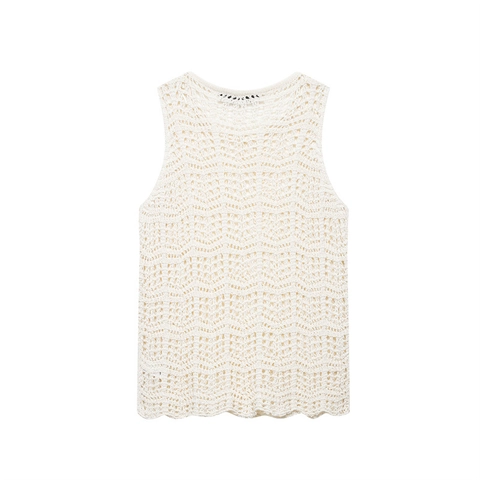 Damen Off White Häkelweste Top Böhmisch Wellenkante Mesh Ärmellos Polyester Strickwaren Sommer Lässiges Unterhemd