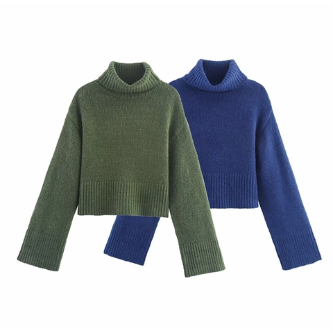 Women Casual High Neck Knit Pullover Sweater Long Sleeve Ribbed Solid Color Warm Drop Shoulder Top For Autumn Winter