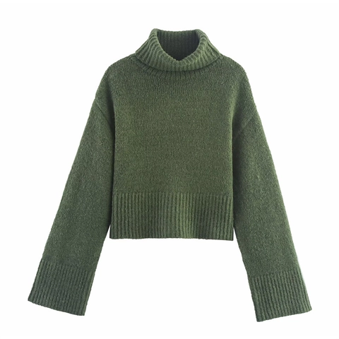 Women Casual High Neck Knit Pullover Sweater Long Sleeve Ribbed Solid Color Warm Drop Shoulder Top For Autumn Winter