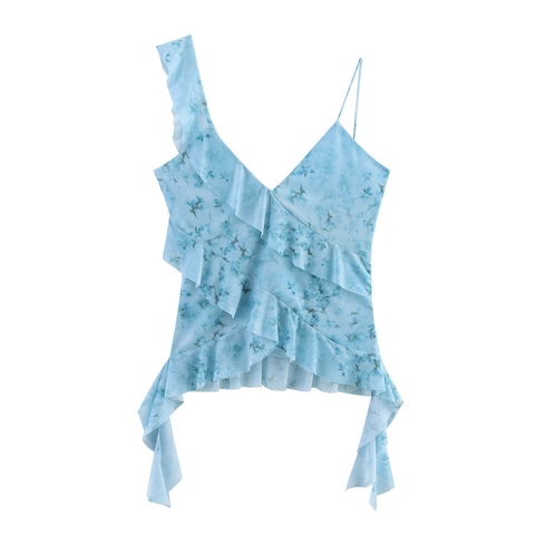 Damen Rüschen V Ausschnitt Gelaagde Mesh Camisole Blumen Leopardenmuster Asymmetrische Träger Ärmellos Sommer Casual Rückenfrei Top