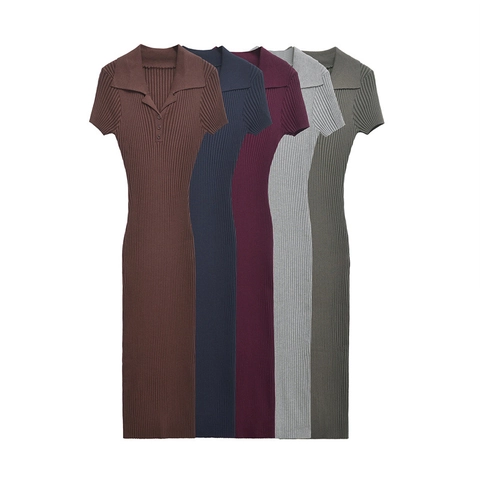 Women Fashion Slim Fit Ribbed Knitted Polyester Long Dress Polo Collar Short Sleeve Solid Color Elegant Maxi Dress