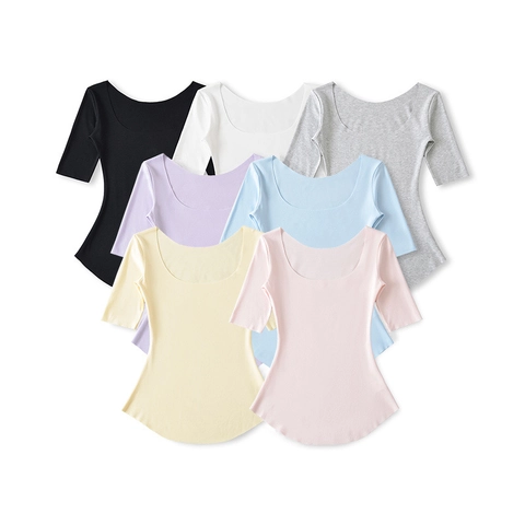 Women Casual Slim Fit Viscose Cotton T-Shirt Scoop Neck Half Sleeve Solid Color Soft Basic Top For Daily Wear Dance Performance