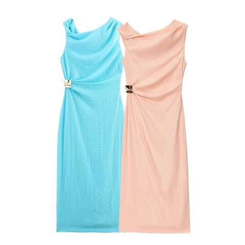 Women's Elegant Asymmetric Draped Cowl Neck Sleeveless Midi Dress With Gold Metal Buckle Pleated High Waist Cocktail Party Dress