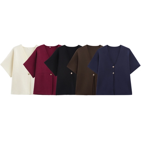 Cardigan in Maglia a Maniche Corte con Scollo a V da Donna Tinta Unita Bottoni Casual Morbido Traspirante Top Estivo