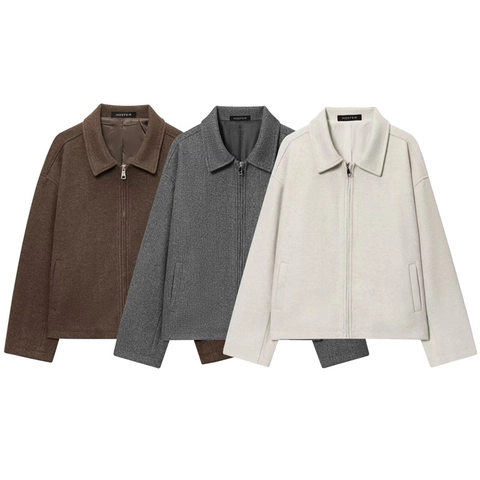 Giacca da Donna Casual con Revers e Cerniera in Misto Lana Vestibilità Comoda Tinta Unita Manica Lunga Cappotto Capispalla Autunno