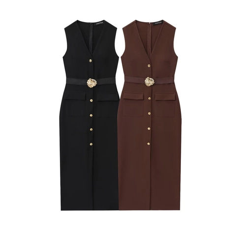 Women Elegant V Neck Sleeveless Midi Dress With Belt Gold Buttons Slim Fit European Style Office Lady Vest Dress