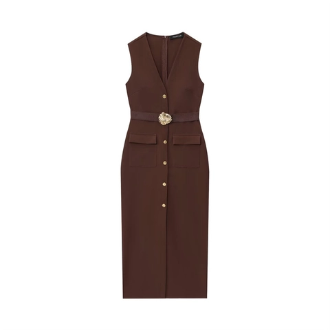 Women Elegant V Neck Sleeveless Midi Dress With Belt Gold Buttons Slim Fit European Style Office Lady Vest Dress
