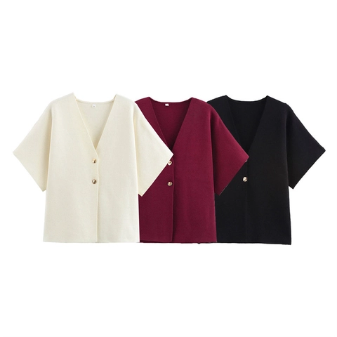 Cardigan in Maglia a Maniche Corte con Scollo a V da Donna Tinta Unita Bottoni Casual Morbido Traspirante Top Estivo