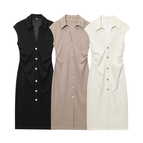 Damen Ärmellos V-Ausschnitt Gerafft Midi Kleid Polo-Kragen Knöpfe Vorne Elegant Einfarbig Polyester Sommer Lässig Büro
