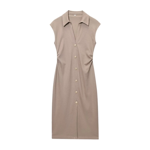 Damen Ärmellos V-Ausschnitt Gerafft Midi Kleid Polo-Kragen Knöpfe Vorne Elegant Einfarbig Polyester Sommer Lässig Büro