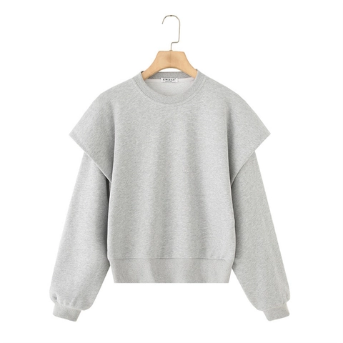 Damen Casual Rundhalsausschnitt Sweatshirt Baumwollmischung Langarm Top Fake Two Piece Layered Shoulder Pullover