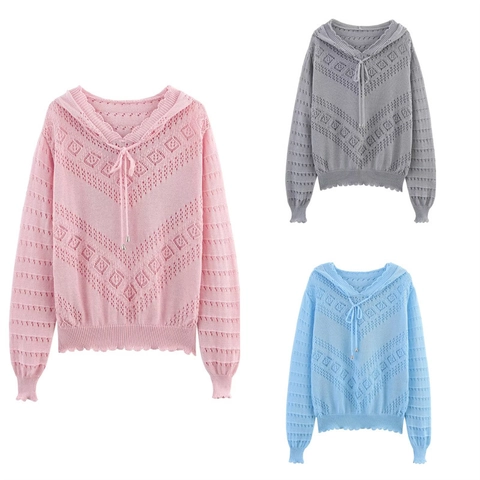 Pull en Tricot à Capuche Ajouré Décontracté pour Femmes Pullover Ample à Manches Longues Avec Cordon et Bords Festonnés