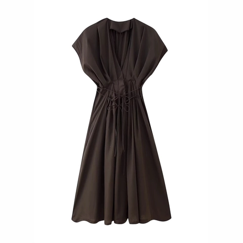 Women V Neck Pleated Drawstring Waist Maxi Dress Elegant Solid Color Long Sleeve Summer A-Line Casual Dress For Women