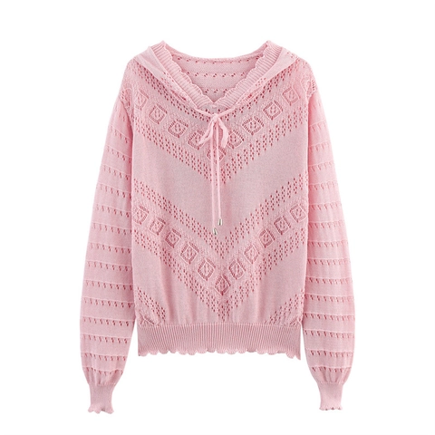Pull en Tricot à Capuche Ajouré Décontracté pour Femmes Pullover Ample à Manches Longues Avec Cordon et Bords Festonnés