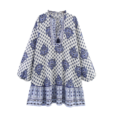 Damen Bohemian Mini-Kleid Mit Blumendruck Langarm V-Ausschnitt Quasten-Bindung Rüschensaum Ethno Sommerurlaub Freizeitkleid