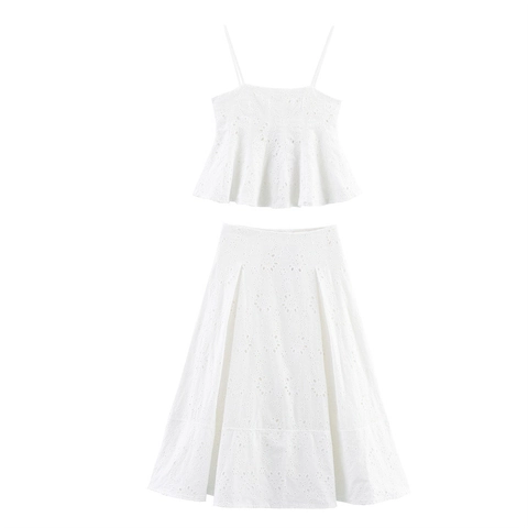 Dames Witte Broderie Anglaise Katoenmix Camisole Top En Midi A-Lijn Rok Set Franse Stijl Zomer Vakantie Outfit