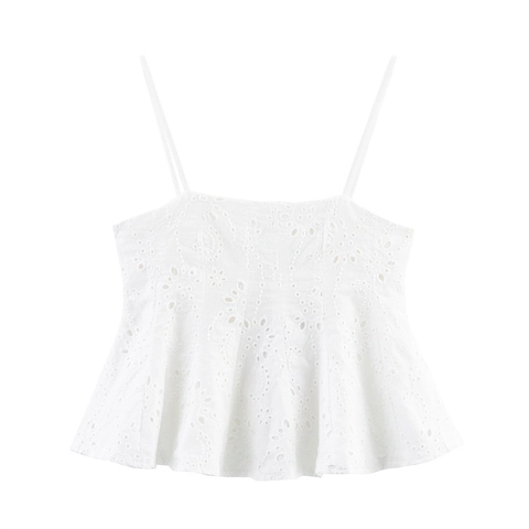 Dames Witte Broderie Anglaise Katoenmix Camisole Top En Midi A-Lijn Rok Set Franse Stijl Zomer Vakantie Outfit