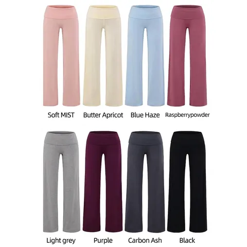 Pantaloni Donna Casual Vita Alta Risvoltata Gamba Dritta Gamba Larga Morbida Viscosa Elastica Yoga Lounge Pantaloni