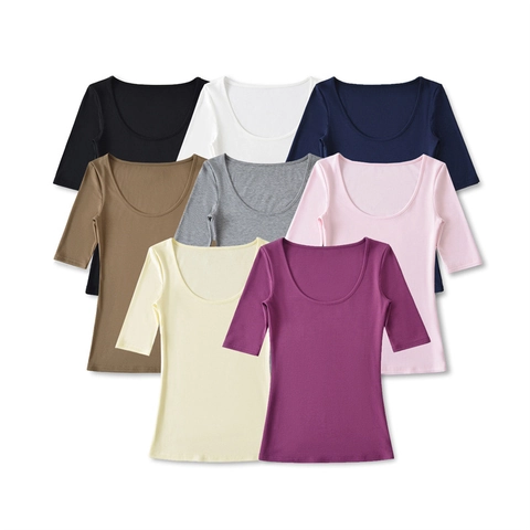 Women Sexy Low U Neck Half Sleeve T-Shirt Ruched Waist Slim Fit Basic Lyocell Solid Color Tee Top