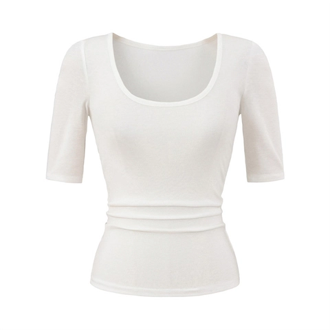 Women Sexy Low U Neck Half Sleeve T-Shirt Ruched Waist Slim Fit Basic Lyocell Solid Color Tee Top