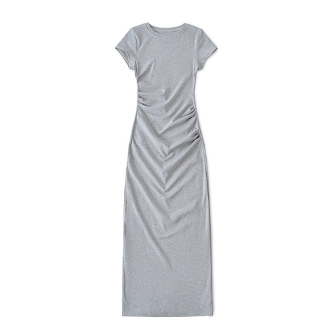 Women Ruched Slim Fit Short Sleeve Maxi Dress Round Neck Cotton Blend Solid Color Elegant Summer Bodycon Long Dress