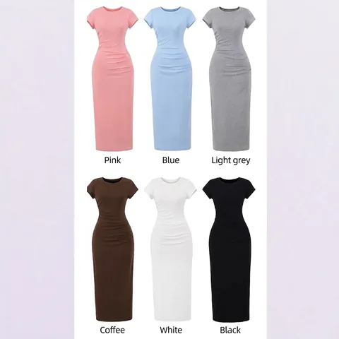 Women Ruched Slim Fit Short Sleeve Maxi Dress Round Neck Cotton Blend Solid Color Elegant Summer Bodycon Long Dress
