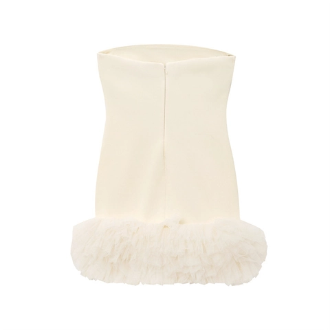 Damen Trägerlos Off-White Minikleid Elegant Puffsaum Netzgewebe Slim Fit Party Bankett Abendkleid