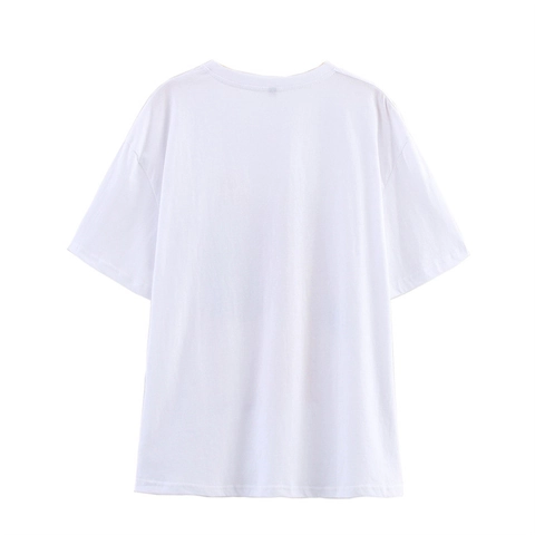 Damen Casual Baumwollmischung Rundhals Kurzarm T-Shirt Mit Mode Charakter Illustration Druck Weiß Sommer Top