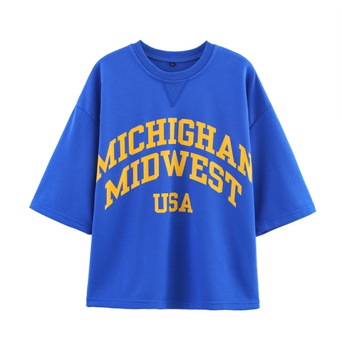 Damen Casual Oversize T-Shirt Baumwollmischung Vintage Michigan Buchstabendruck Rundhals Kurzarm Drop Shoulder Top