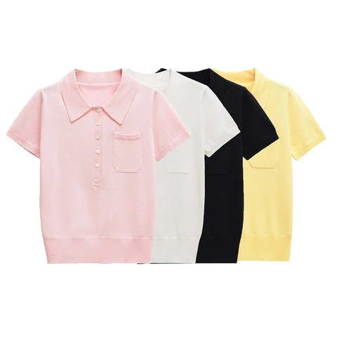 Maglia Polo Donna Manica Corta in Maglia Tinta Unita Bottoni Taschino Finiture a Costine Casual Slim Fit Misto Cotone Mercerizzato